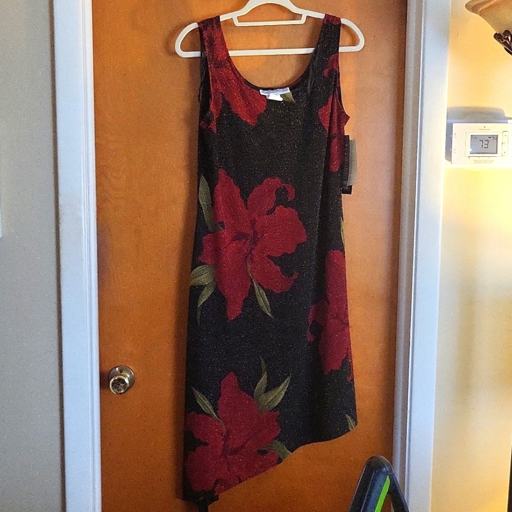 Black and red floral sparkly tank dress. Asymmetrical hemline.